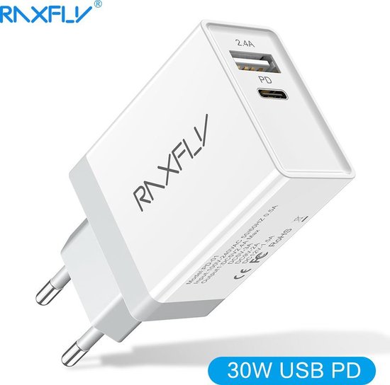 RAXFLY Hoge kwaliteiteit - PD18W Fast Charging Adapter– Dual Ports 3A+2.4A  - USB-C... | bol.com