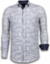 Italiaanse Overhemden - Slim Fit Overhemd - Blouse Allover Flower Pattern - Blauw