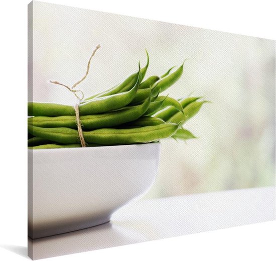 Haricots verts attachés ensemble dans un plat blanc Toile 120x80 cm - Tirage photo sur toile (Décoration murale salon / chambre)
