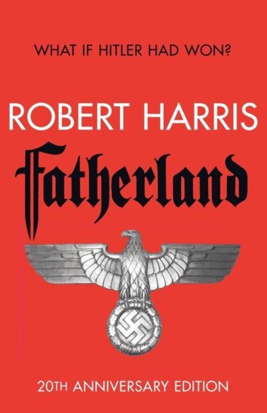 Couverture de livre avec fond rouge, titre 'Fatherland' et aigle avec croix gammée.
