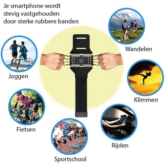 Sport / Hardloop armband – Voor iPhone XS / XR / X / 8 / 7 / 6S / 6 – Samsung Galaxy S3 / S4 / S5 / S6 / S7 / S8 / S9 / S10 - Verstelbaar – Draaibaar - Makkelijk met Oordopjes / Koptelefoon - Joggen , Fietsen , Sportschool etc. – Zwart – VDP+ - Infinite Stars