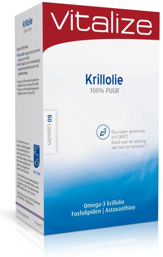 Verpakking Vitalize Krillolie 100% puur, 60 capsules. Tekst met MSC keurmerk en informatie over omega-3, fosfolipiden en astaxanthine.