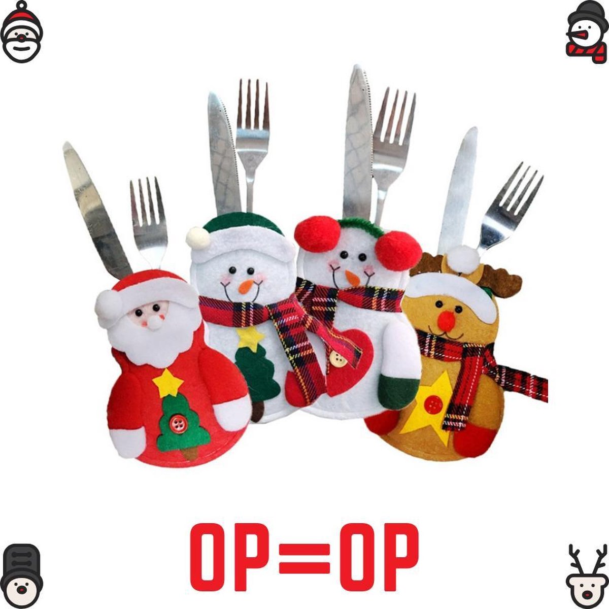 Kerstmis Bestekhouder - 4 Stuks – Decoratie - Kerstman – Sneeuwpop – Rendier – Bestekhoesjes – Kerst - Kerstversiering