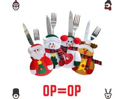 Kerstmis Bestekhouder - 4 Stuks – Decoratie - Kerstman – Sneeuwpop – Rendier – Bestekhoesjes – Kerst - Kerstversiering