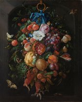 Festoen van vruchten en bloemen | Jan Davidsz. de Heem | 1660 - 1670 | Canvasdoek | Wanddecoratie | 100CM x 150CM | Schilderij
