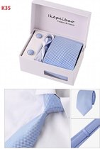 Elegante Stropdas Set in Geschenkdoos - inclusief Manchetknopen, Pochet en Dasspeld - K35 - Licht Blauw