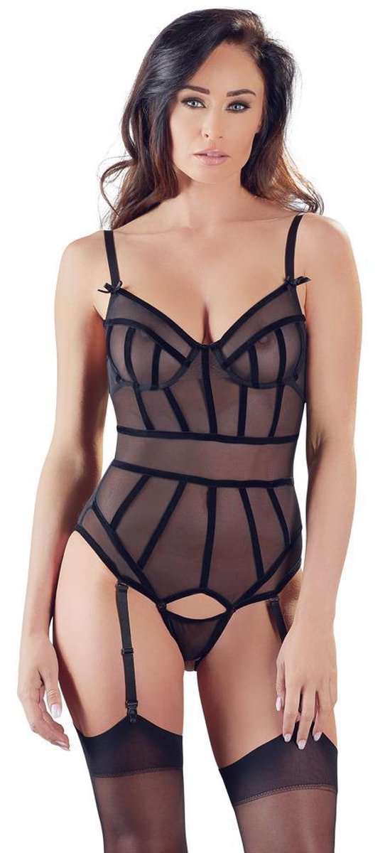 Goedkoopste Cottelli Collection – Sexy Jarretel Body met Banden Motief voor een Erotisch Tintje – Maat 80B – Zwart