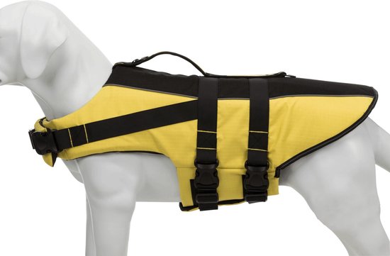 Gele hondenzwemvest met zwarte details op een witte hondenmal.