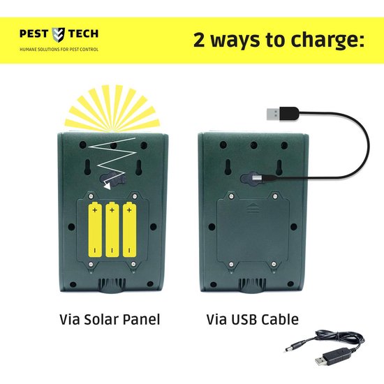 Pest-Tech PT-221 | Ultrasone Kattenverjager op zonneenergie | Kattenschrik | Marterverjager | Dierenverjager | Kattenafweermiddel | Ongedierte verjager - Met USB oplaadkabel