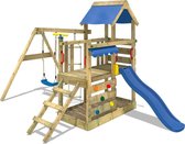 WICKEY speeltoestel klimtoestel TurboFlyer met schommel en blauwe glijbaan, outdoor klimtoren voor kinderen met zandbak, ladder en speelaccessoires voor de tuin