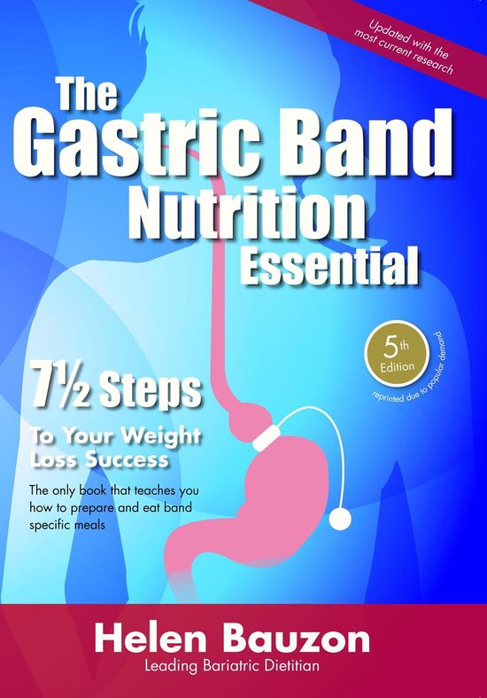 Boekomslag: The Gastric Band Nutrition Essential, 5e editie, met afbeelding van een maagband en Helen Bauzon als auteur.