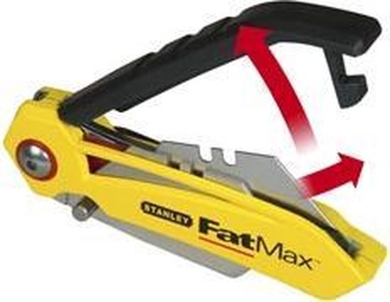 Gele Stanley FatMax vouwmets, mechanisme met rode pijlen.