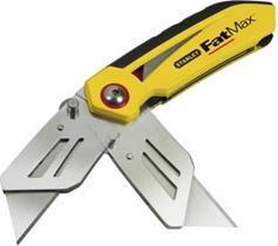 Gele Stanley FatMax vouwmets met metalen mes, deels open.