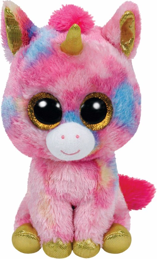 Roze eenhoornknuffel met grote glinsterende ogen, gouden hoorn en poten, en gekleurde vlekken.