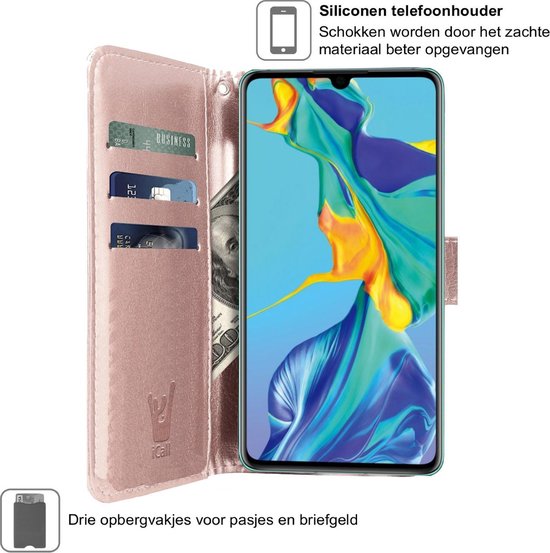 iCall - Huawei P30 Case + Screenprotector Tempered Glass - Cuir TPU Book Case Wallet Flip Wallet - Rose Gold