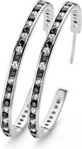 New Bling 9NB-0117 - Zilveren oorstekers - zirkonia - halve oorring 30 mm - zilverkleurig / zwart