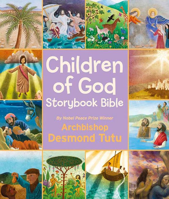 Boek 'Children of God Storybook Bible' met diverse illustraties van Bijbelse verhalen.