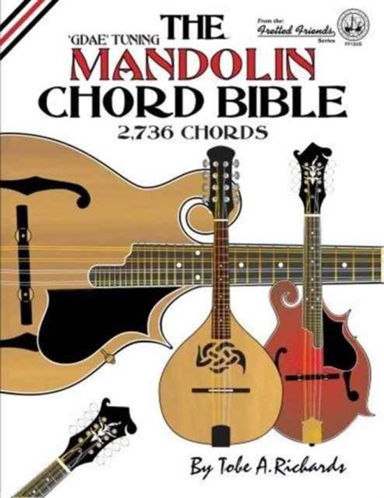 De kaft van 'The Mandolin Chord Bible: GDAE Tuning' met drie mandolines en 2.736 akkoorden.
