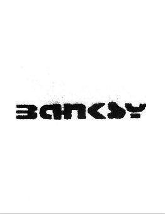 Zwart-wit stencil van het woord "BANKSY" in blokletters.