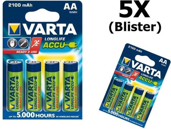 20 Stuks (5 blisters a 4 stk) - Varta Oplaadbare Battery AA 2100mAh 56706 |  bol.com