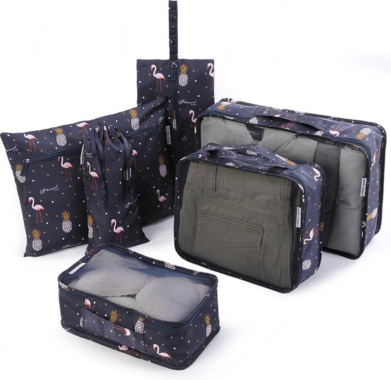Qpacks - Tropical Treasure Packing Cubes set 6-delig - Waterdicht - Patroon - Blauw Print - Toilettas - Koffer Organiser - Backpack