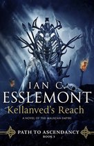 Boekomslag van Kellanved's Reach door Ian C. Esslemont, boek 3 van Path to Ascendancy. Een troon van botten en gewei met schedels, voor een duistere grot met fakkels.