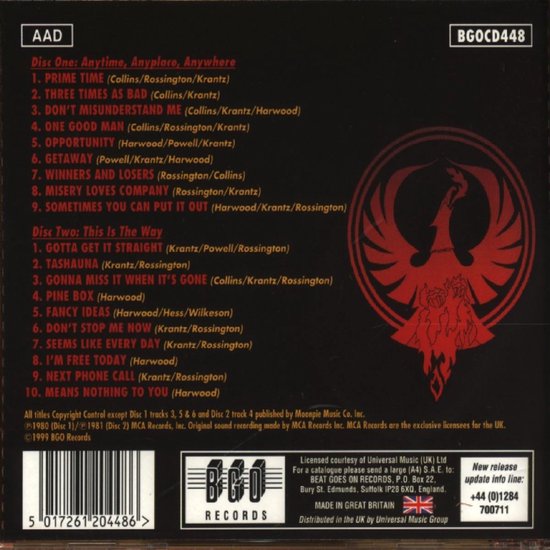 CD hoes met tracklist en BGO Records logo. Disc 1: Anytime, Anyplace, Anywhere. Disc 2: This Is The Way.
