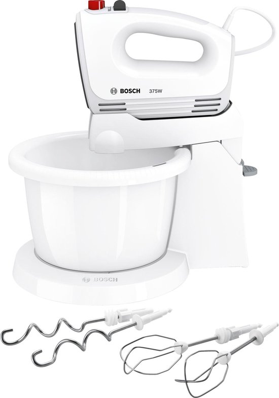 Witte staande mixer met kom, deegkneders en garde. Bosch 375W.
