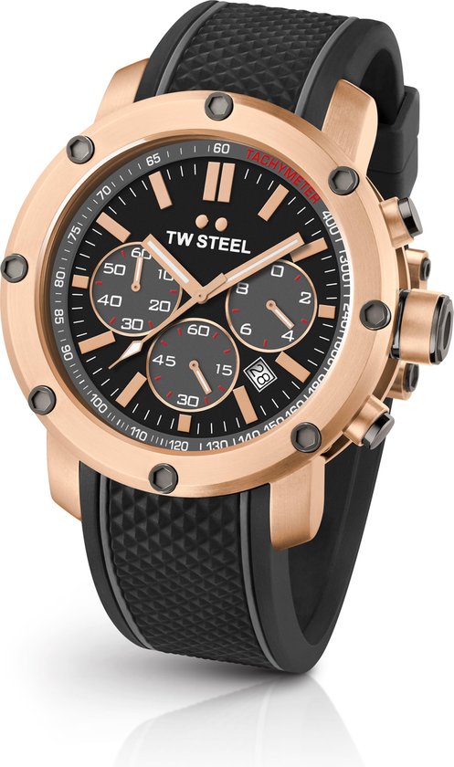 TW Steel Grandeur Tech Orologio Cronografo Uomo 48 Mm, Quarzo, Cassa Acciaio PVD Oro Rosa, Cinturino In Silicone Nero