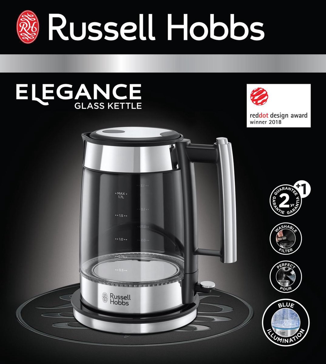 Russell Hobbs 23830-70 bouilloire 1,7 L Noir, Acier inoxydable