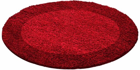 Flycarpets Candy Shaggy Vloerkleed - 160cm - Lijstmotief Rood - Rond