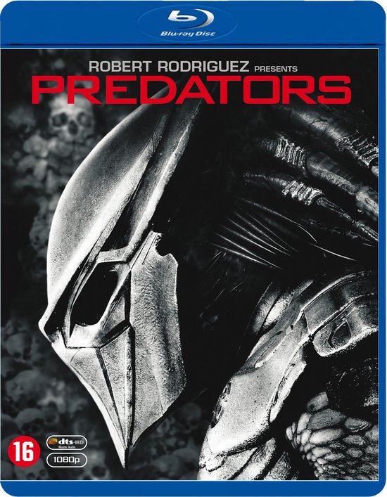 Blu-ray hoes van "Predators", met Predator-masker, "Robert Rodriguez", "Predators" tekst, 16-rating, "DTS-HD" en "1080p".