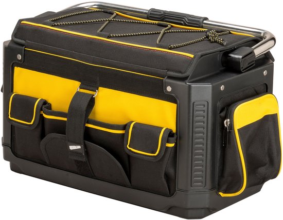 Zwarte en gele gereedschapstas STANLEY FatMax met veel vakken en een metalen handvat.