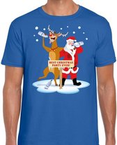 Foute Kerst t-shirt dronken kerstman en rendier Rudolf na kerstborrel/ feest blauw voor heren L