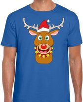 Foute Kerst t-shirt rendier Rudolf rode kerstmuts blauw heren L