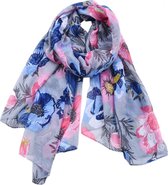 Grijze viscose dames sjaal met blauwe en roze klaprozen - 90 x 180 cm