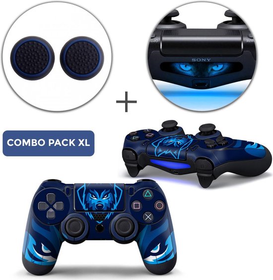 Gamer Wolf Combo Pack XL - PS4 Controller Skins PlayStation Stickers + Thumb Grips + Lightbar Skin Sticker
