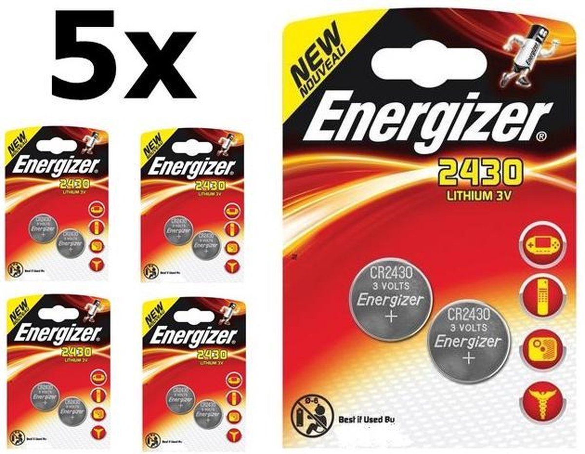 10 Stuks (5 Blister a 2st) Energizer CR2430 3v lithium knoopcelbatterij