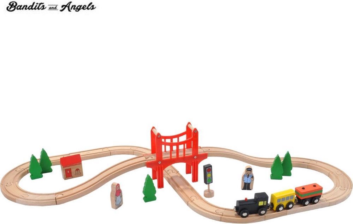Bandits & Angels Houten Treinset 37 delig vanaf 3 jaar voor Jongens en Meisjes - Trein Set van Hout met 37 delen - Inclusief 1 trein - Treinbaan voor Kinderen met Accessoires — afbeelding 11
