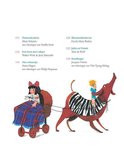 Een boek met een illustratie van een meisje op een kar getrokken door een hond, en een meisje op een gestreepte hond.
