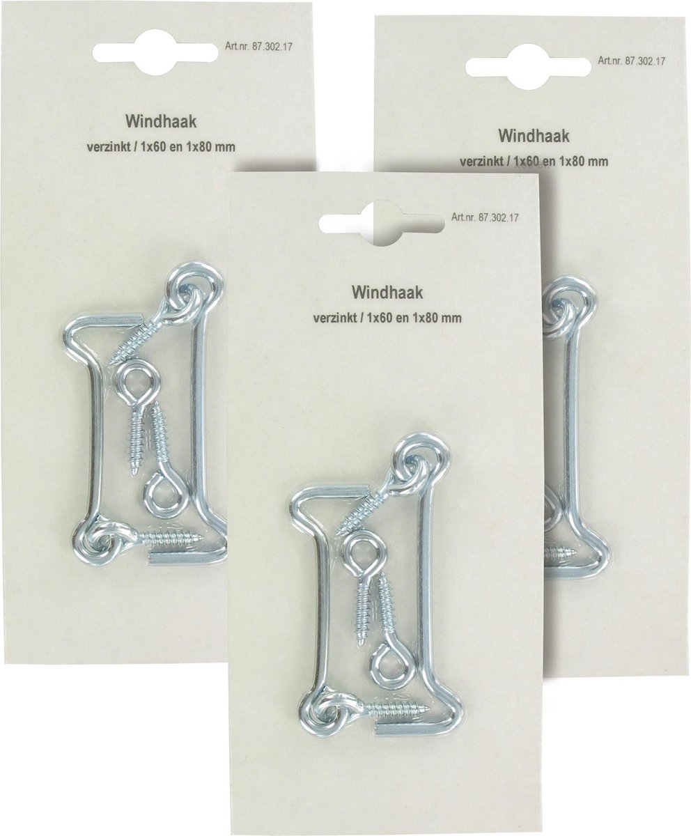 STARX set 6 gegalvaniseerde windhaken | 3 st 60mm en 3 st 80 mm | met sluitoog