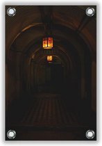 Tuinposter Ondergrondse Tunnel met Lampen 40x60cm- Foto op Tuinposter (wanddecoratie voor buiten en binnen)