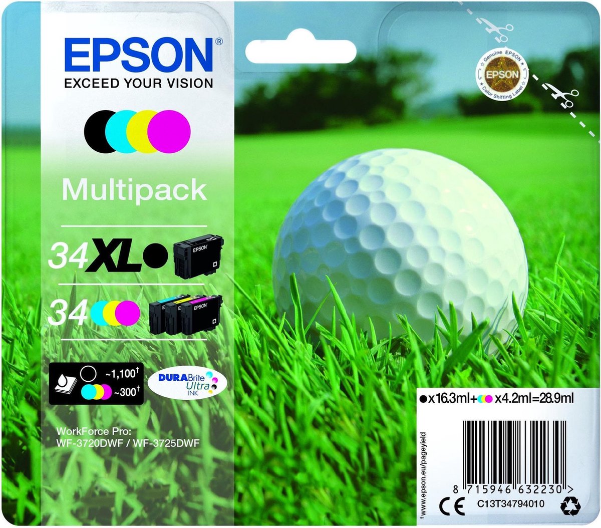Epson 34XL / 34 - Inktcartridges / Multipack / 34XL Zwart, 34 Cyaan, 34 Magenta, 34 Geel - Golf Ball (C13T34794010)