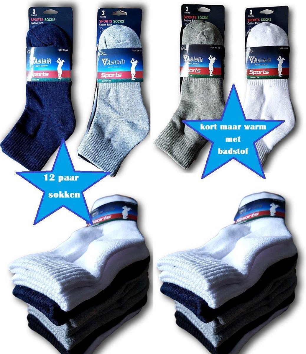 katoenen heren sokken met badstof 12 paar assortie kleuren maat 42-45