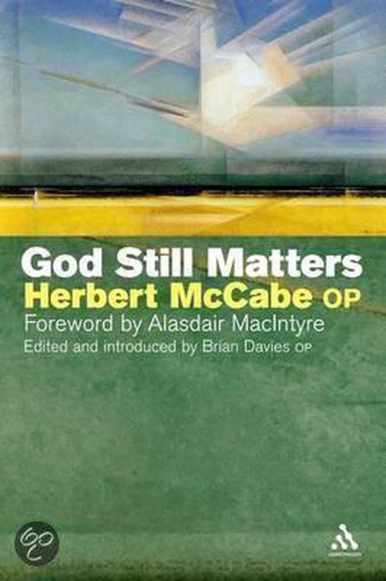Boek 'God Still Matters' van Herbert McCabe OP. Abstracte afbeelding met groene en gele vlakken en een blauwe lucht.