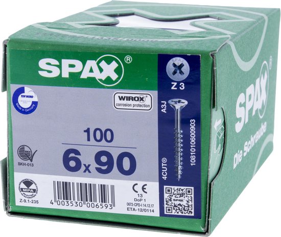 Spax Spaanplaatschroef Verzinkt PK 6.0 x 90 - 100 stuks - Spax