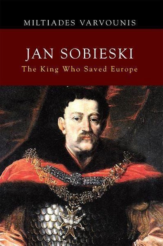 Boekhoes met een portret van Jan Sobieski, gekroond met een ketting van juwelen en een rode mantel met bont.