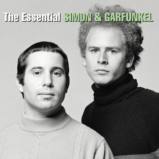Albumhoes van 'The Essential Simon & Garfunkel' met een portret van Simon en Garfunkel die beiden coltruien dragen.