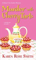 Boek "Murder with Cherry Tarts" met gele tekst op een roze achtergrond, een theepot en taartjes met kersen.