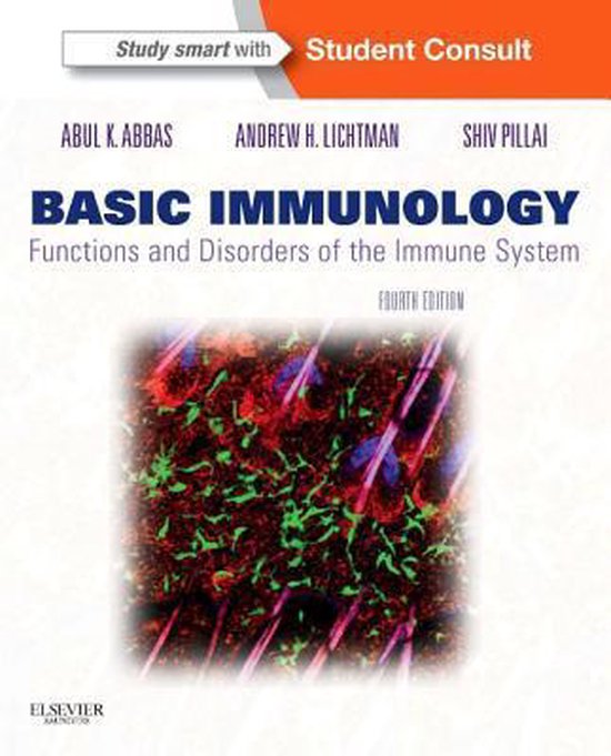 Titelpagina van 'Basic Immunology, Fourth Edition' met auteursnamen en een afbeelding van cellen.